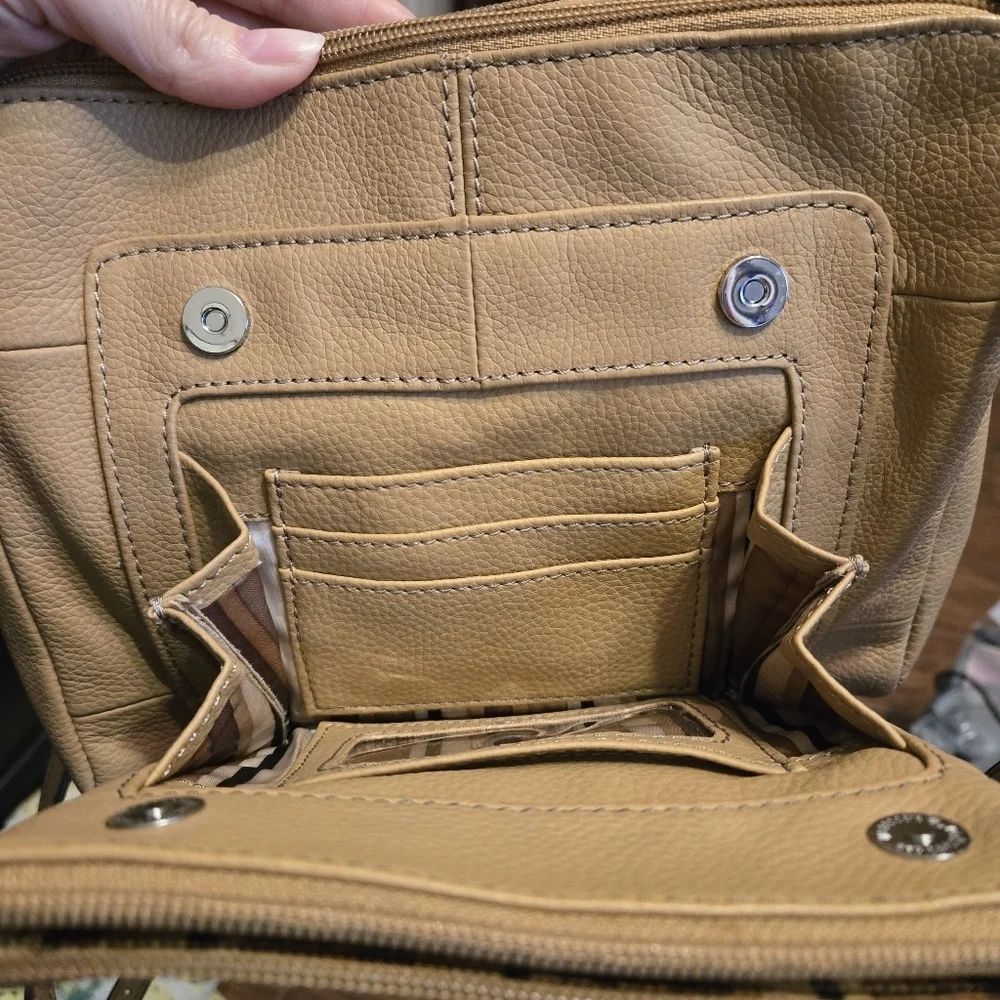 Tignanello Taupe Crossbody Bag 100% Leather Multiple Pockets Adjustable Strap